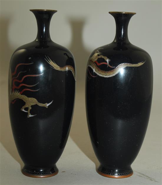 A pair of Japanese silver wire cloisonne enamel dragon vases, Meiji period, 15.5cm